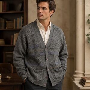Gray Cardigan Sweater Button Up Wool Blend Pockets Grandpa Academia Old Money L